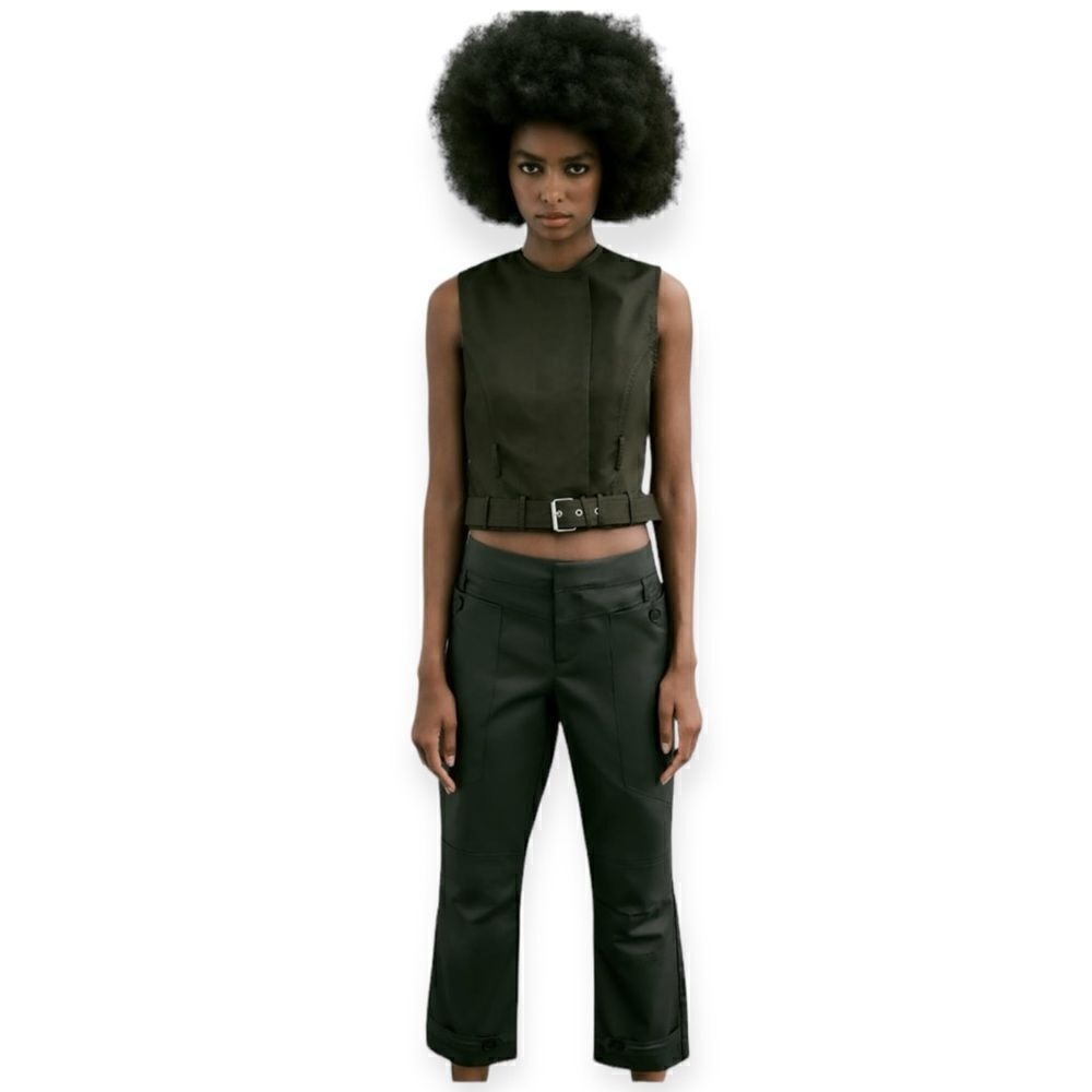 ZARA | Dark Khaki | WAXED CAPRI PANTS - Picture 6 of 11